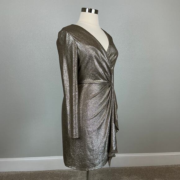 Ralph Lauren Gold Metallic Long Sleeve Cocktail Dress Size 14 V-Neck Sheath - Picture 2 of 13